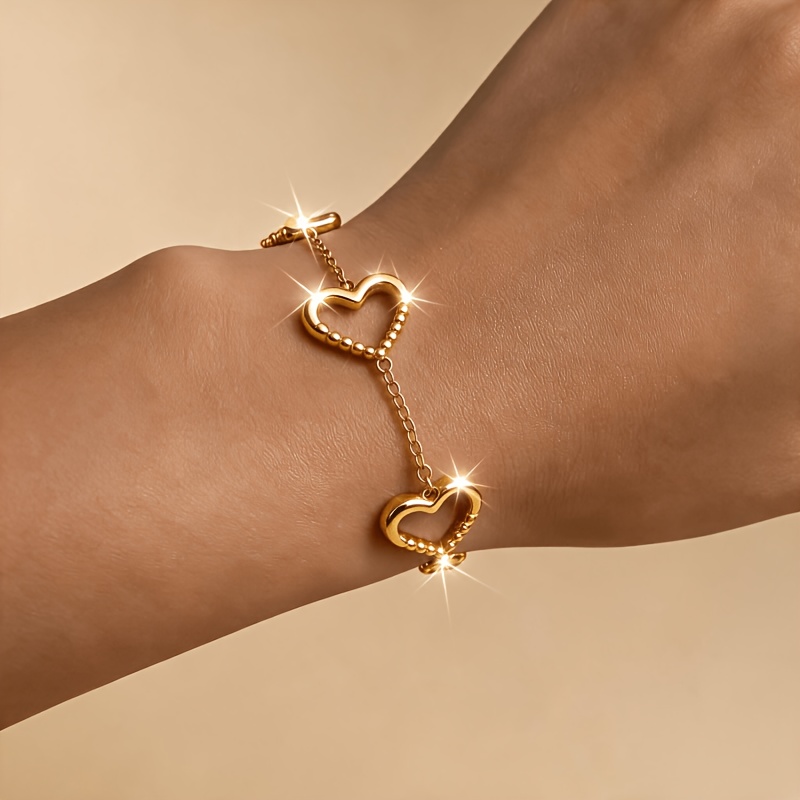 Women's Low Allergy Stainless Steel Double Hollow Heart Bracelet, Elegant Accessory